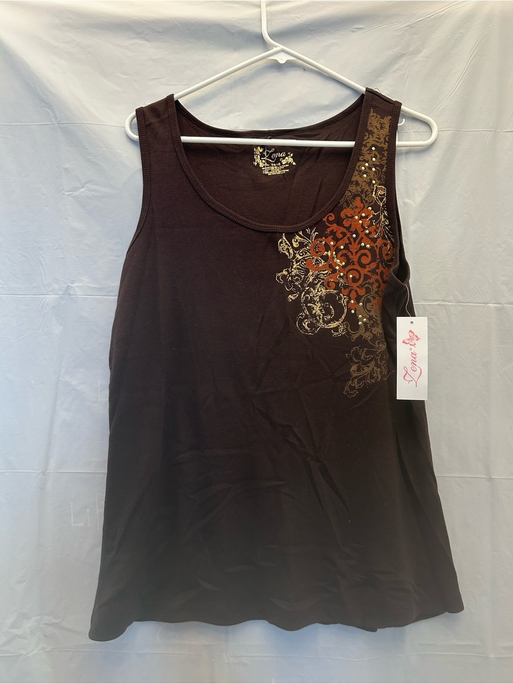 Zena Brown Tank Top with Rust and Gold with accents Sz 14-16 NWWT